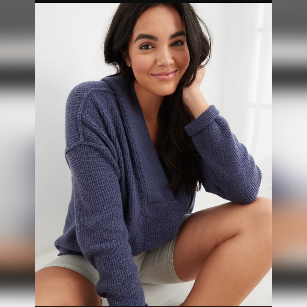 Aerie CozyUp Waffle Sweater Hoodie In Navy Size XS